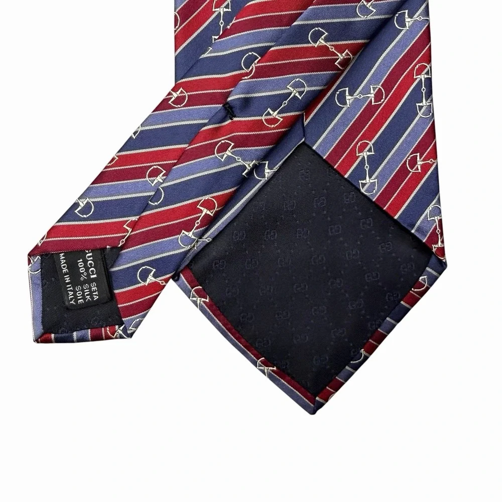 Gucci Men's Tie Striped Horsebit Logo Blue/Red Satin Silk 3 7/8